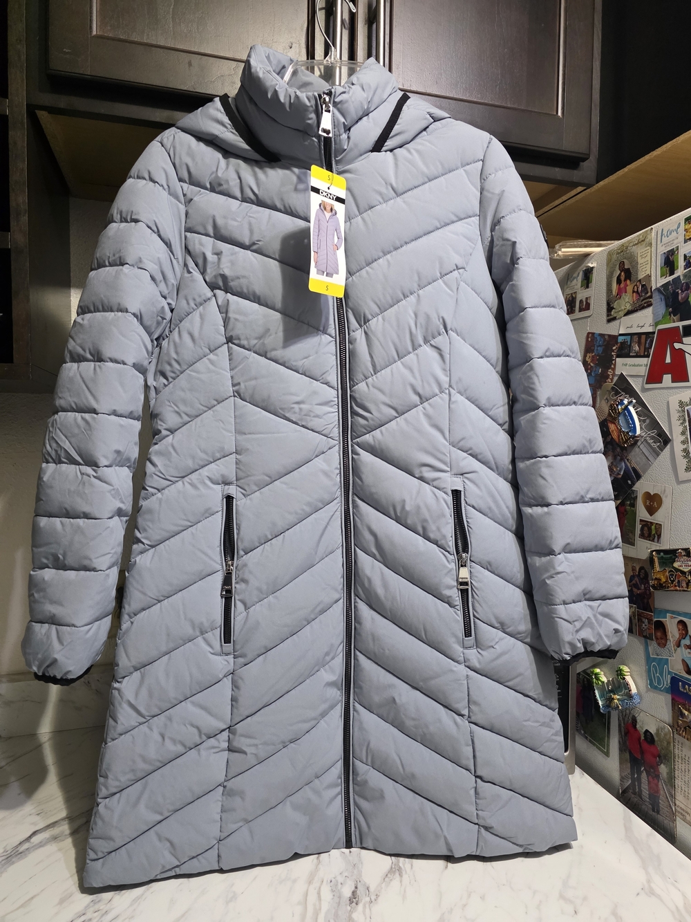 DKNY Light Gray Quilted Long Puffer Coat Ladies Size Small